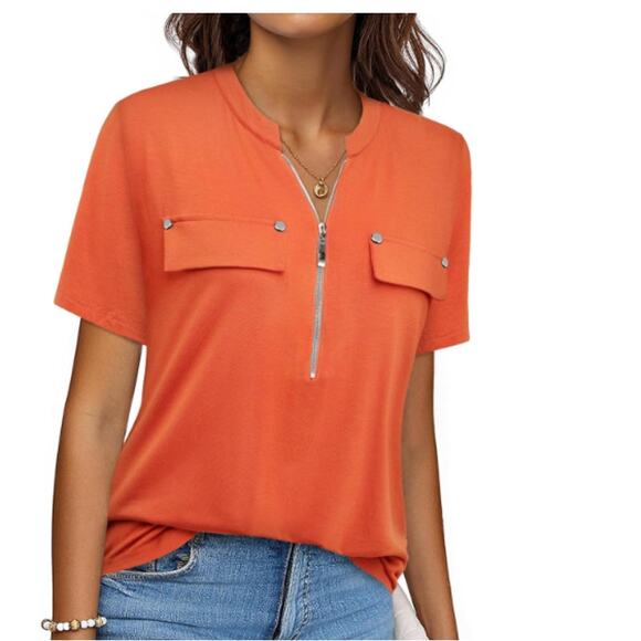 Bulotus Tops - Bulotus Women’s Zip Front V-Neck Blouse Short Sleeve Work Casual Top Size XL